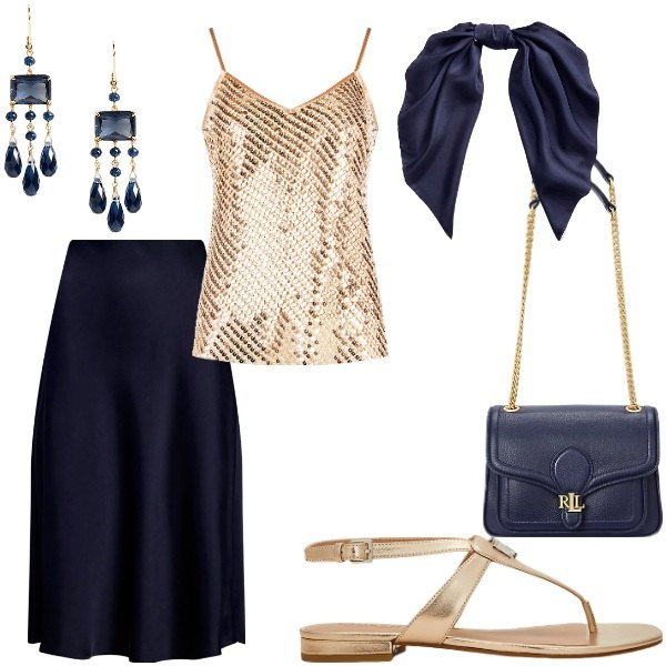 Outfit donna - Cerimonia tra intimi. Stile Glamour per Serata fuori. Abbinamento con canottiere, borse a spalla, gonne, foulard, sandali in pelle, orecchini.