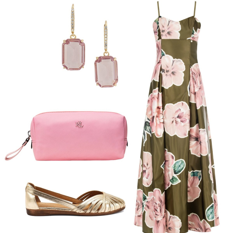 Outfit donna - Cerimonia all’aperto. Stile Glamour per Cerimonia. Abbinamento con vestiti lunghi, orecchini, pochette, ballerine.