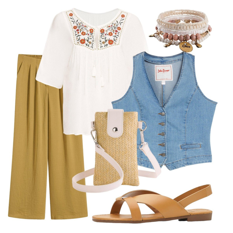 Outfit donna - La tunica bianca ricamata. Stile Boho per Tutti i giorni. Abbinamento con pantaloni, gilet, tuniche, sandali, braccialetti, borse a tracolla.