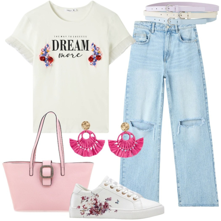 Outfit donna - Casual romantico con personalità. Stile Casual chic per Tutti i giorni. Abbinamento con sneakers, orecchini, cinture, t-shirt, jeans strappati, borse a spalla.