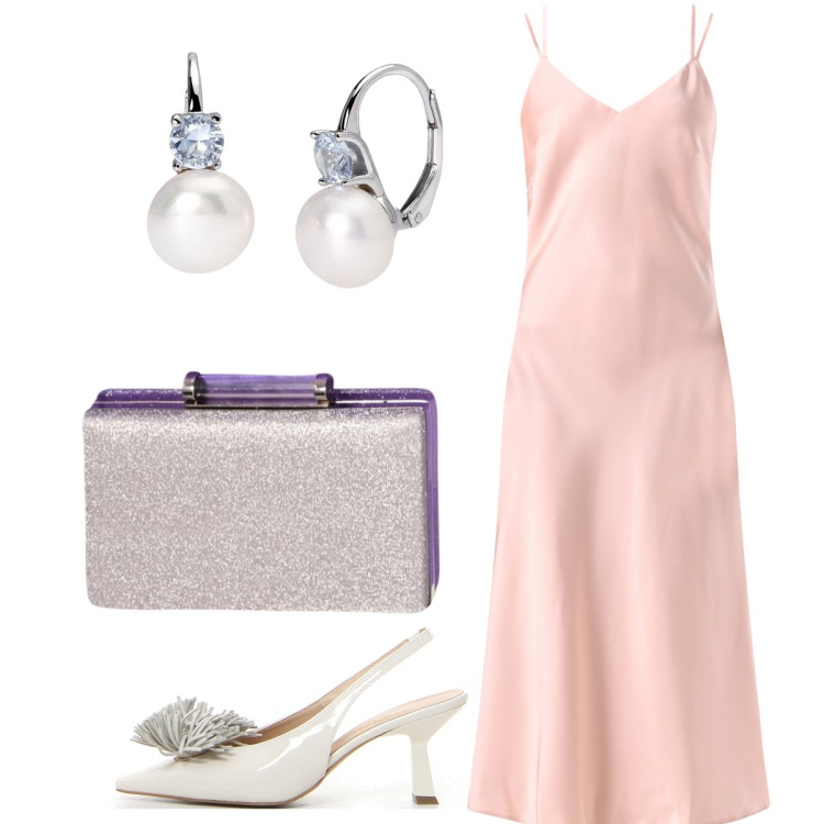 Outfit donna - Abito semplice ma elegante. Stile Chic per Cerimonia. Abbinamento con orecchini, vestiti lunghi, pochette, décolleté.