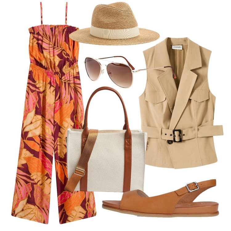 Outfit donna - La tuta in stile safari. Stile Boho per Tutti i giorni. Abbinamento con gilet, occhiali da sole, tute, cappelli, shopping bag, sandali.
