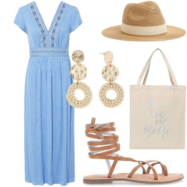 Outfit donna - Outifit di luglio. Stile Casual chic per Tutti i giorni. Abbinamento con orecchini, vestiti lunghi, cappelli, borse tote, sandali alla schiava.