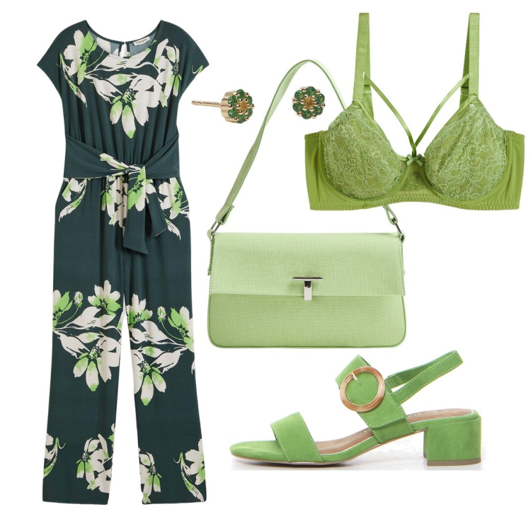 Outfit donna - La jumpsuit in fantasia floreale. Stile Bon Ton per Tutti i giorni. Abbinamento con reggiseni, tute, borse a spalla, orecchini, sandali col tacco.