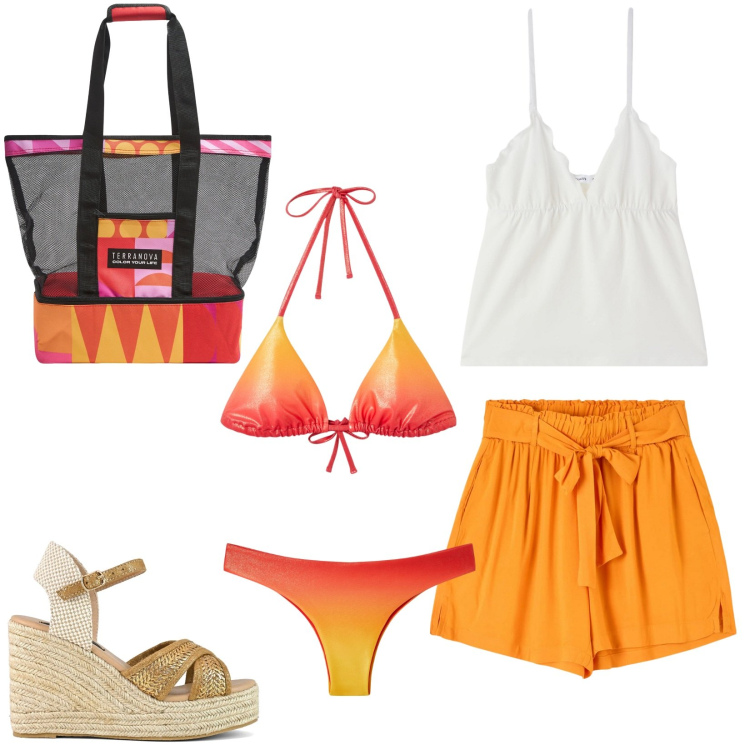 Outfit donna - Al mare con colori vivaci. Stile Basic per Mare. Abbinamento con shorts, bikini, borse tote, bikini, canottiere, zeppe.