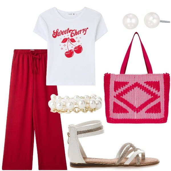 Outfit donna - Outifit di luglio. Stile Casual per Tutti i giorni. Abbinamento con pantaloni, t-shirt, orecchini, braccialetti, sandali, borse a mano.