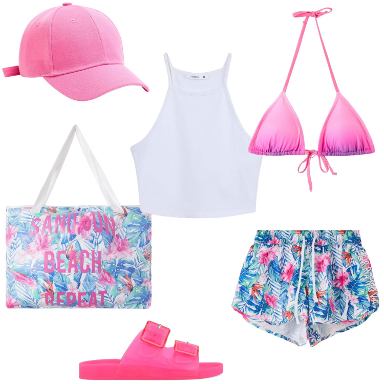 Outfit donna - Mare ... ma che voglia di arrivare!. Stile Trendy per Mare. Abbinamento con borse tote, shorts, bikini, top sportivi, cappelli, sandali.