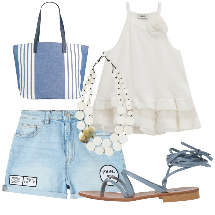 Outfit donna - Summer sales. Stile Romantica per Mare. Abbinamento con borse a spalla, infradito, shorts, top, ciondoli.