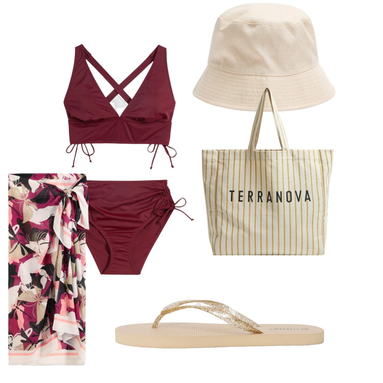 Outfit donna - In piscina. per Mare. Abbinamento con bikini, vestiti da spiaggia, cappelli, borse tote, infradito.
