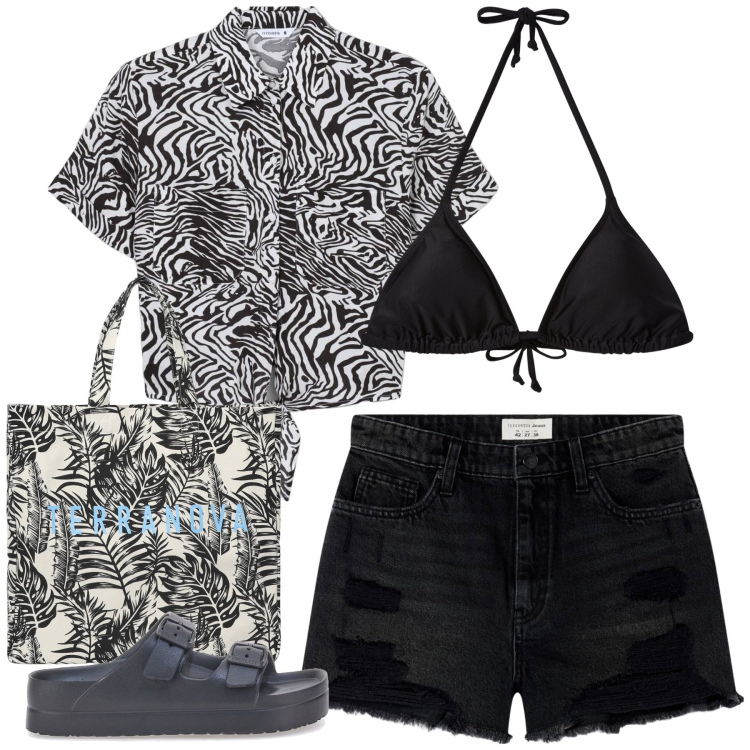 Outfit donna - Summer sales. Stile Basic per Mare. Abbinamento con camicie a manica corta, borse tote, shorts, bikini, ciabatte.