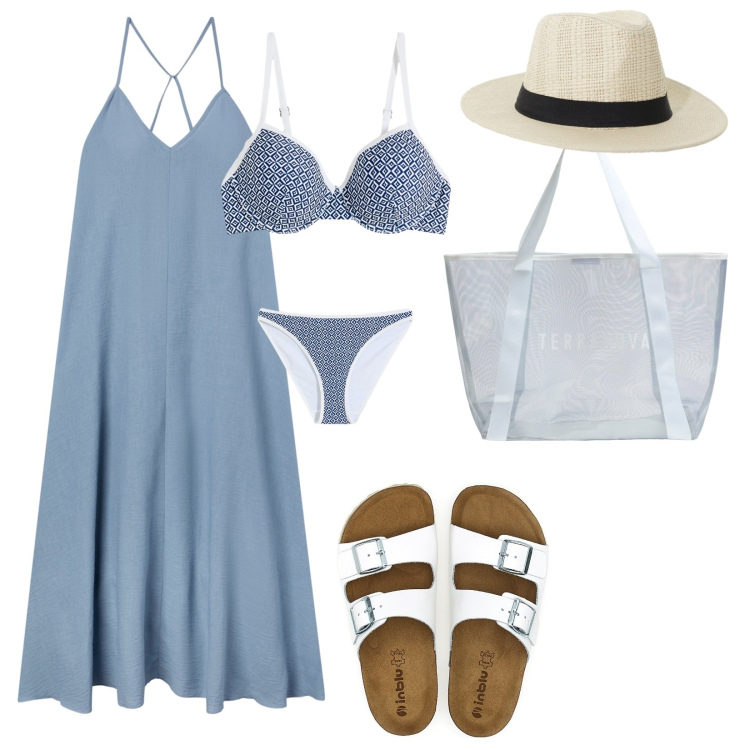 Outfit donna - Mare. per Mare. Abbinamento con bikini, vestiti lunghi, shopping bag, cappelli, ciabatte.