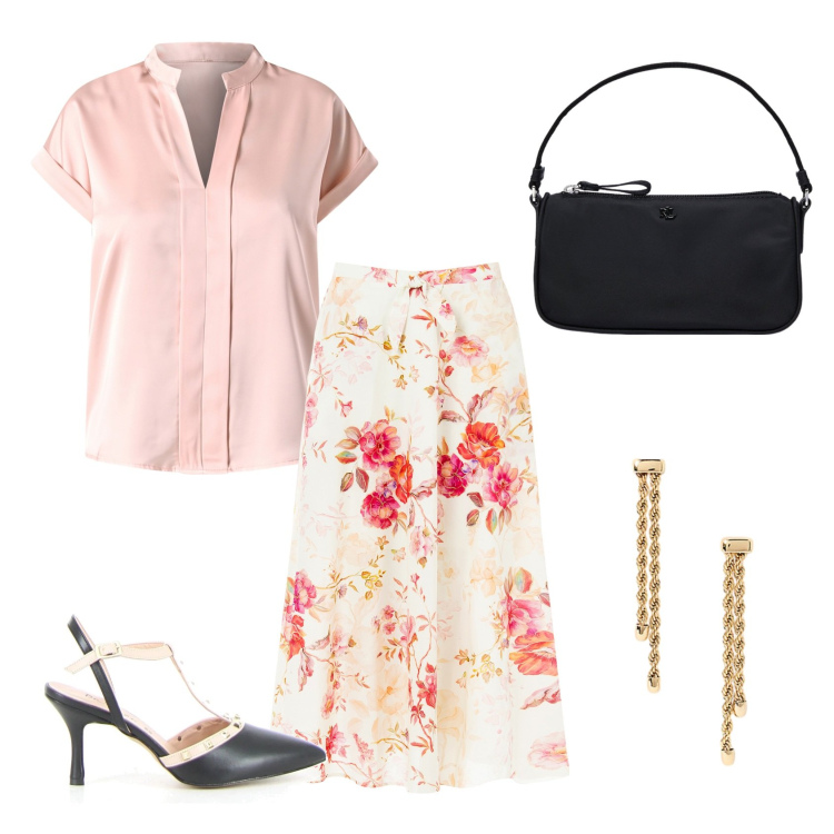 Outfit donna - Total look #2197600. Stile Casual chic per Ufficio. Abbinamento con gonne longuette, bluse, orecchini, pochette, sandali in pelle.