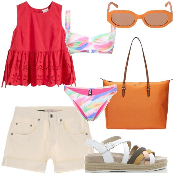 Outfit donna - Bantoa Summer Sales. Stile Glamour per Mare. Abbinamento con top, shorts, borse tote, sandali, bikini, occhiali da sole.