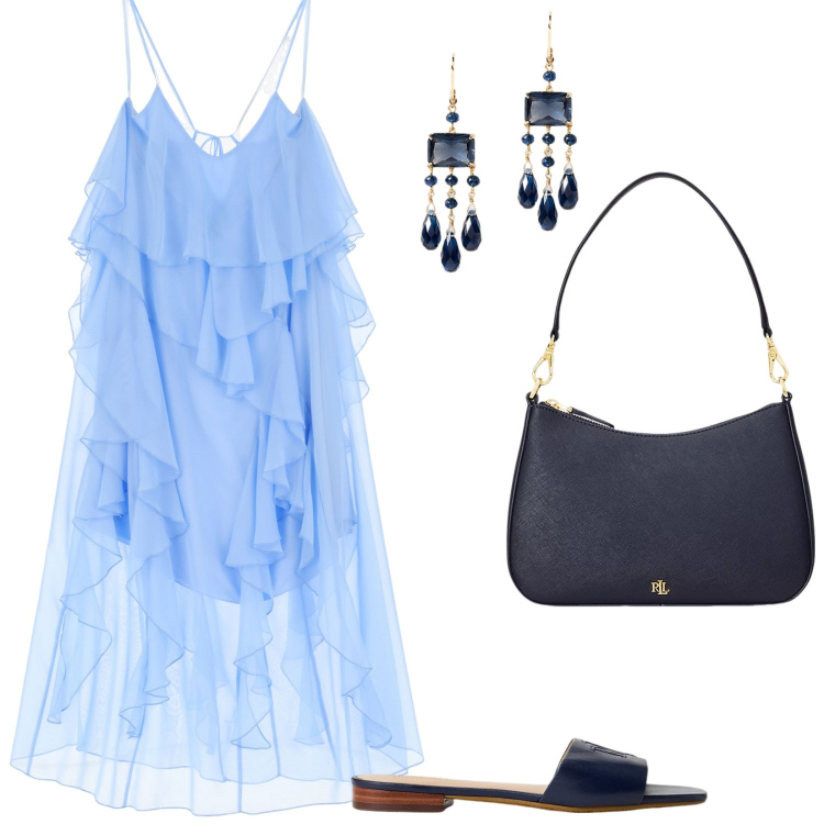 Outfit donna - Imperial Summer Sales 2025. Stile Chic per Serata fuori. Abbinamento con vestiti lunghi, borse a spalla, ciabatte, orecchini.
