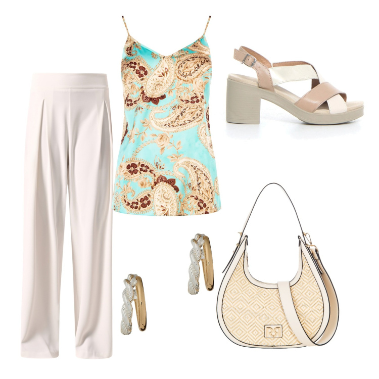 Outfit donna - Total look #2197605. Stile Casual chic per Serata fuori. Abbinamento con pantaloni a palazzo, borse a mano, top, orecchini, sandali col tacco.