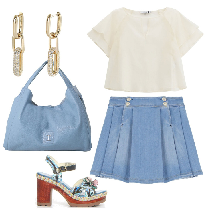 Outfit donna - Total look #2197612. Stile Casual chic per Ufficio. Abbinamento con orecchini, maglieria, minigonne, pochette, sandali col tacco.