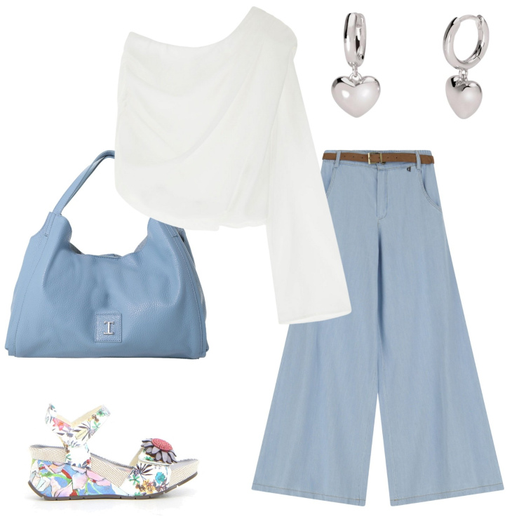 Outfit donna - Total look #2197617. Stile Casual chic per Ufficio. Abbinamento con orecchini, bluse, pochette, pantaloni a palazzo, sandali.