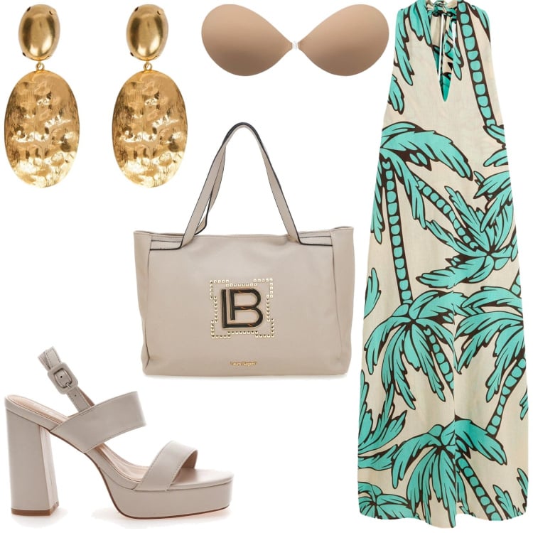 Outfit donna - Fresca tutto il giorno. Stile Casual per Tutti i giorni. Abbinamento con vestiti, reggiseni, sandali col tacco, borse a spalla, orecchini.