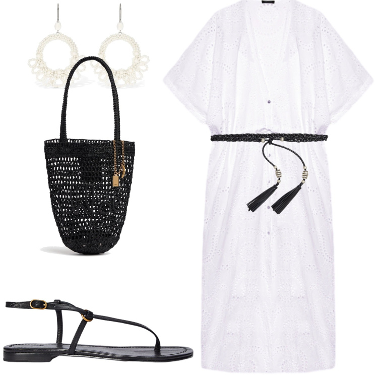 Outfit donna - Black and White. Stile Casual chic per Serata fuori. Abbinamento con cinture, sandali in pelle, caftani, borse a spalla, orecchini.