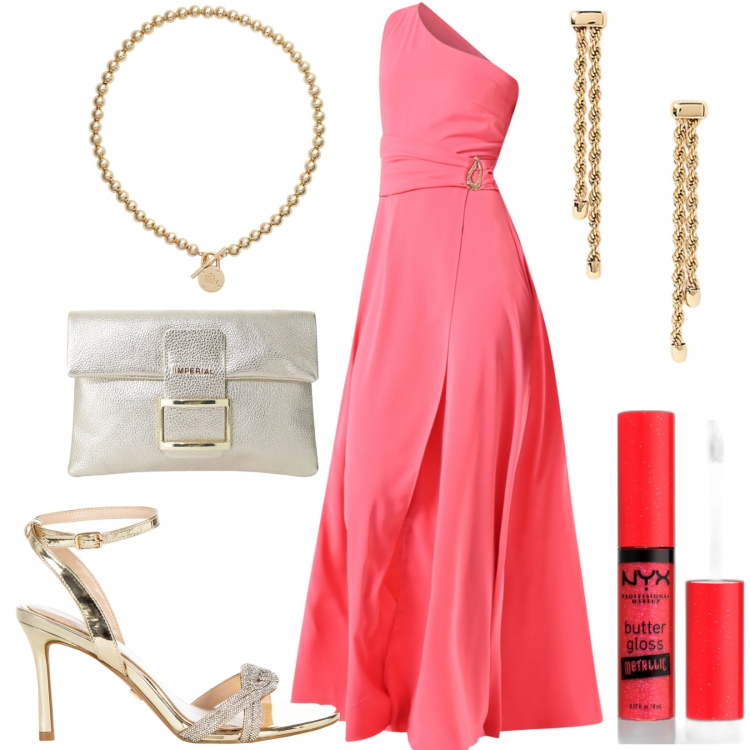 Outfit donna - Serata a Milano Marittima. Stile Glamour per Serata fuori. Abbinamento con gloss, vestiti asimmetrici, sandali col tacco, pochette, collane, orecchini.