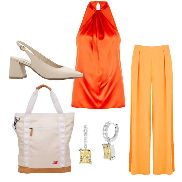 Outfit donna - Total look #2197627. Stile Casual chic per Ufficio. Abbinamento con décolleté, orecchini, shopping bag, top, pantaloni.