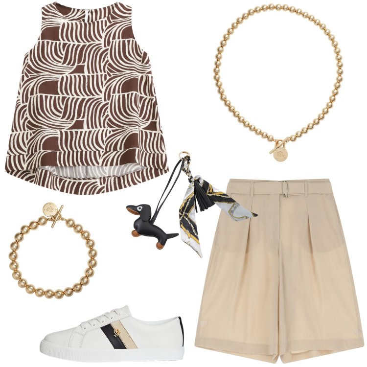 Outfit donna - Imperial Summer Sales 2025. Stile Trendy per Tutti i giorni. Abbinamento con pantaloni corti, top, portachiavi, collane, braccialetti, sneakers.