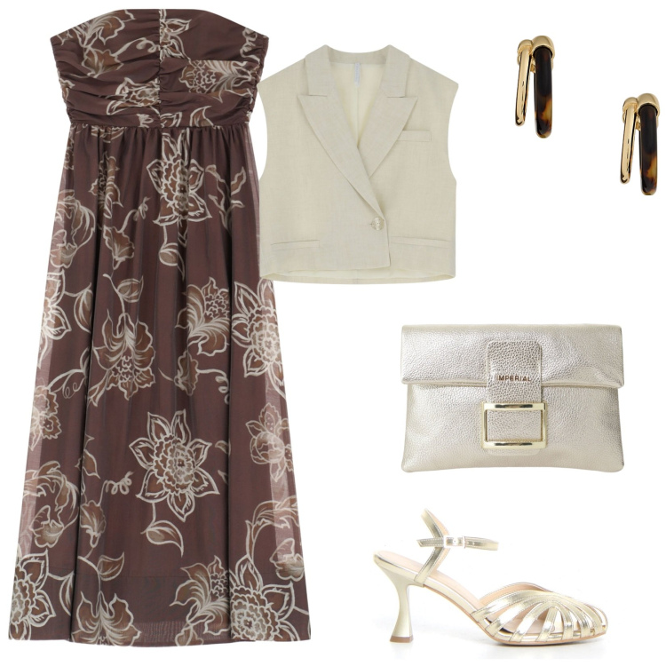 Outfit donna - Imperial Summer Sales 2025. Stile Romantica per Serata fuori. Abbinamento con vestiti senza maniche, gilet, pochette, orecchini, sandali col tacco.