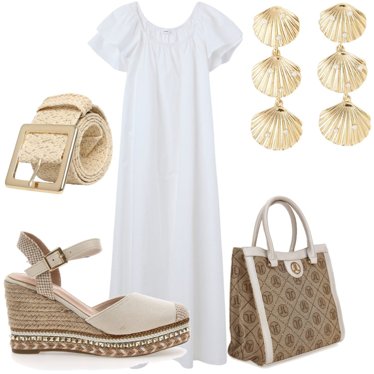 Outfit donna - Cena in terrazza a Polignano. Stile Casual chic per Serata fuori. Abbinamento con vestiti lunghi, orecchini, cinture, zeppe, borse a spalla.