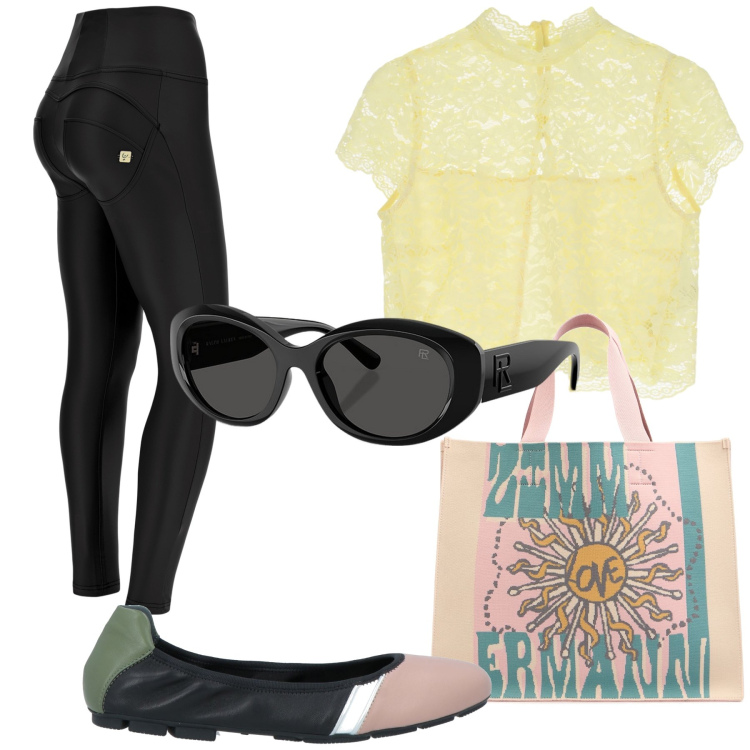 Outfit donna - La blusa è romantica. Stile Urban per Tutti i giorni. Abbinamento con ballerine, top, pantaloni skinny, occhiali da sole, shopping bag.