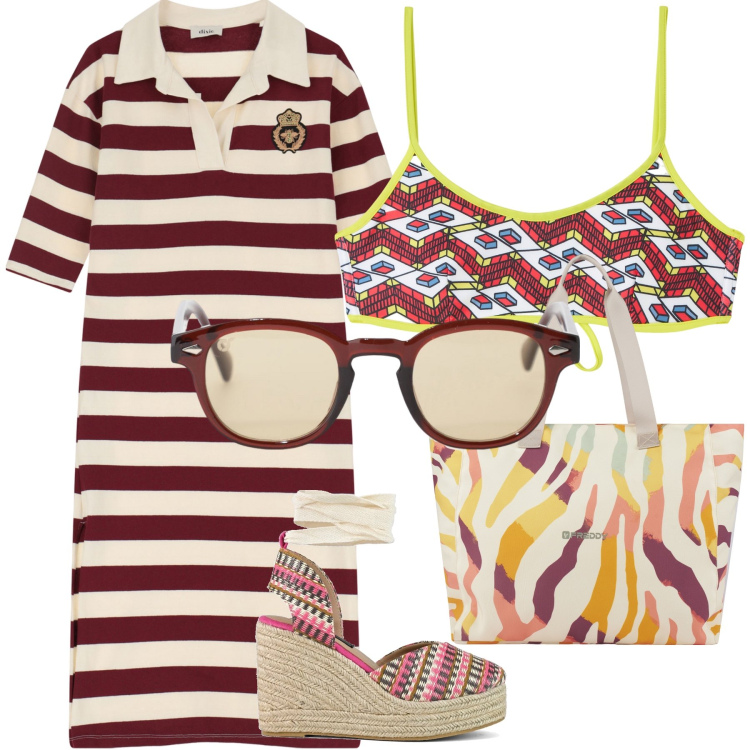 Outfit donna - A righe la mia spiaggia. Stile Trendy per Mare. Abbinamento con bikini, occhiali da sole, shopping bag, vestiti, zeppe.