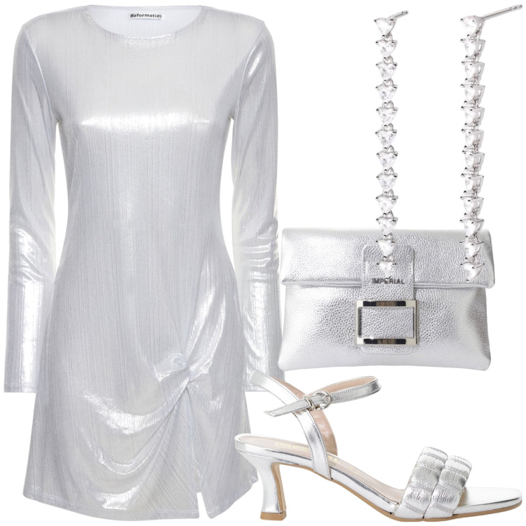 Outfit donna - All silver. Stile Glamour per Serata fuori. Abbinamento con orecchini, sandali col tacco, pochette, vestiti.