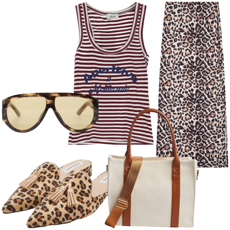 Outfit donna - Righe ed animalier. Stile Urban per Tutti i giorni. Abbinamento con gonne lunghe, sabot, shopping bag, occhiali da sole, top.