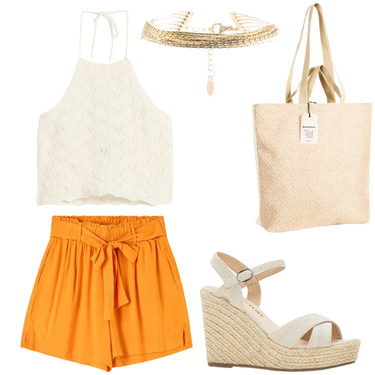 Outfit donna - Shorts arancio. Stile Boho per Tutti i giorni. Abbinamento con sandali, top, shorts, borse tote, braccialetti.