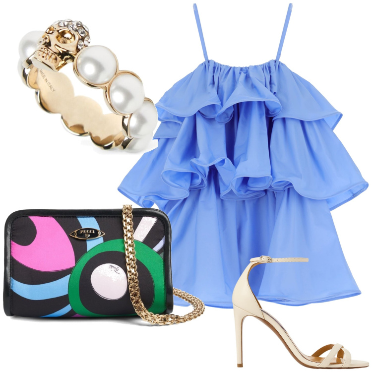 Outfit donna - Volants. Stile Glamour per Serata fuori. Abbinamento con vestiti corti, sandali col tacco, anelli, pochette.
