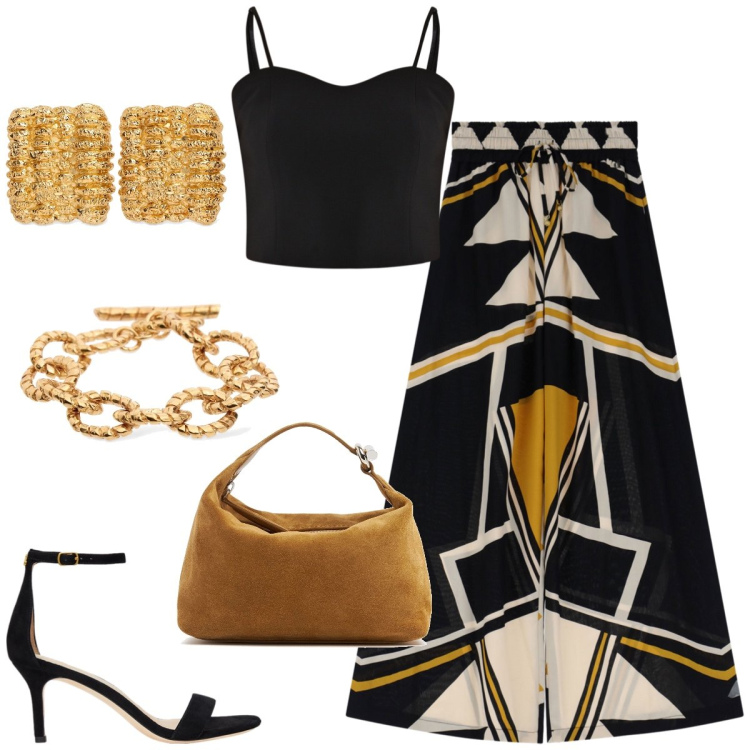 Outfit donna - Serata fuori. Stile Chic per Serata fuori. Abbinamento con top, pantaloni, sandali in pelle, braccialetti, orecchini, pochette.