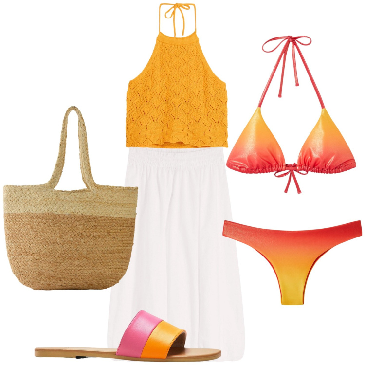 Outfit donna - Total look #2197667. Stile Boho per Mare. Abbinamento con gonne, ciabatte, top, shopping bag, bikini, bikini.