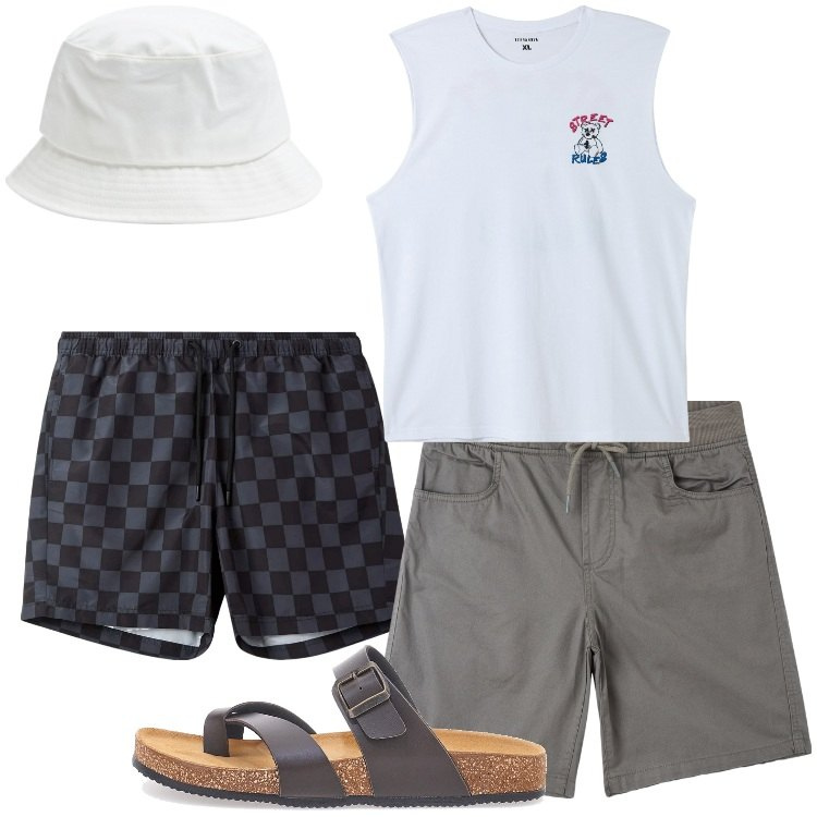 Outfit uomo - La canotta per il mare. Stile Casual per Mare. Abbinamento con costumi, cappelli, shorts, canottiere, sandali.