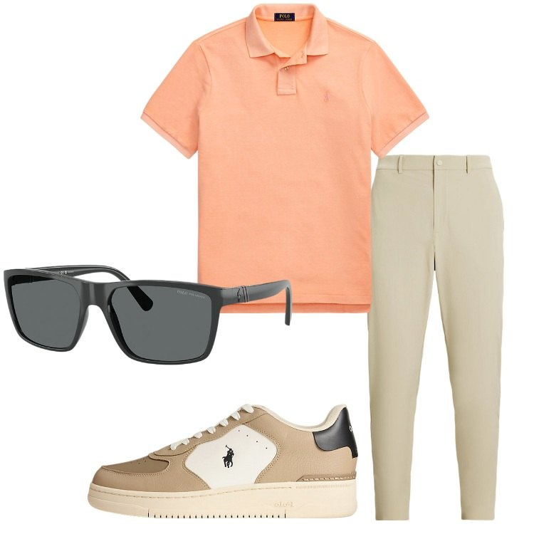Outfit uomo - La polo salmone in ufficio. Stile Casual per Ufficio. Abbinamento con occhiali da sole, sneakers, pantaloni, polo.