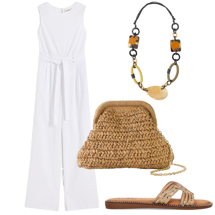 Outfit donna - Giornata di vacanza. Stile Etnico per Tutti i giorni. Abbinamento con tute, borse a tracolla, collane, ciabatte.