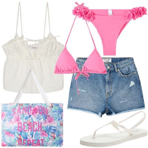 Outfit donna - Terranova Summer Sale 2025. Stile Casual chic per Mare. Abbinamento con bikini, shorts, borse tote, canottiere, sandali, bikini.