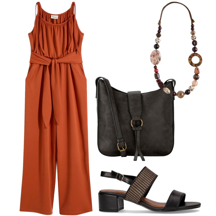 Outfit donna - Total look #2197675. Stile Etnico per Tutti i giorni. Abbinamento con tute, borse a tracolla, collane, sandali col tacco.