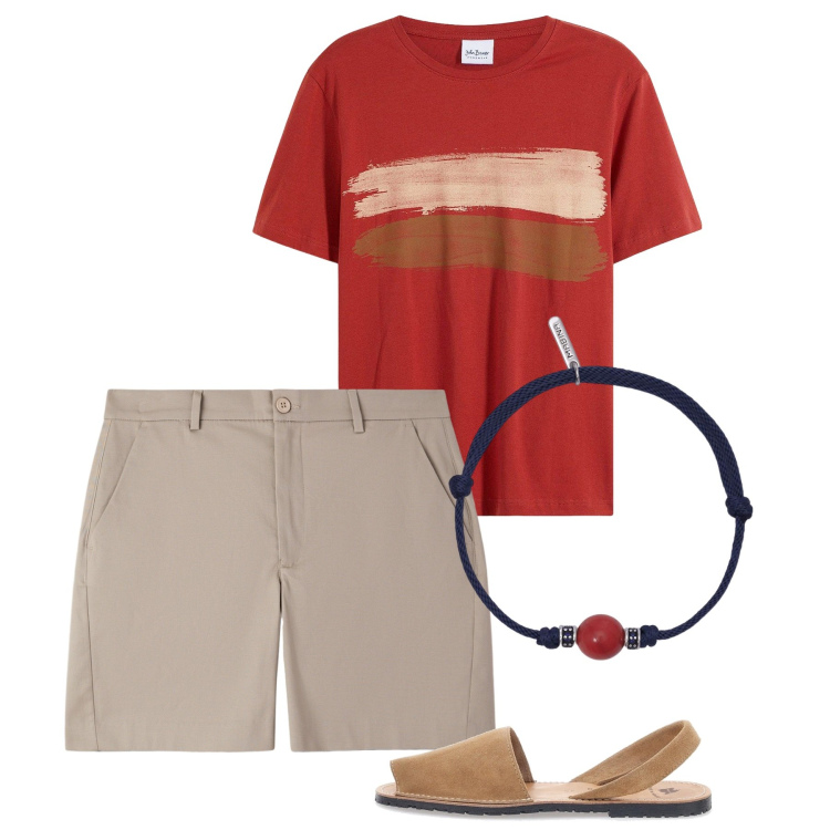 Outfit uomo - Luglio. Stile Casual per Tutti i giorni. Abbinamento con t-shirt, pantaloni corti, braccialetti, sandali.