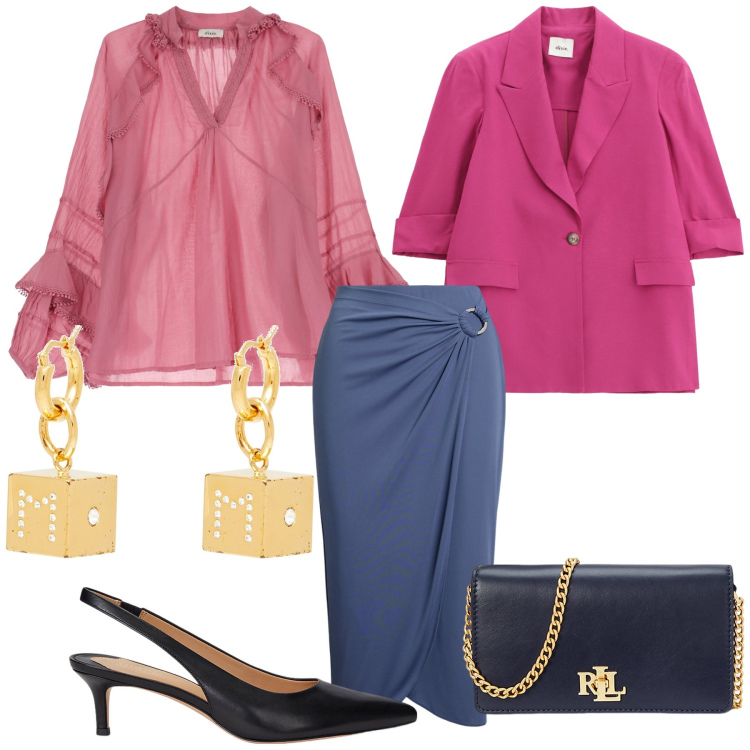 Outfit donna - Cena in centro. Stile Bon Ton per Serata fuori. Abbinamento con orecchini, camicie, blazer, gonne, décolleté, borse a mano.
