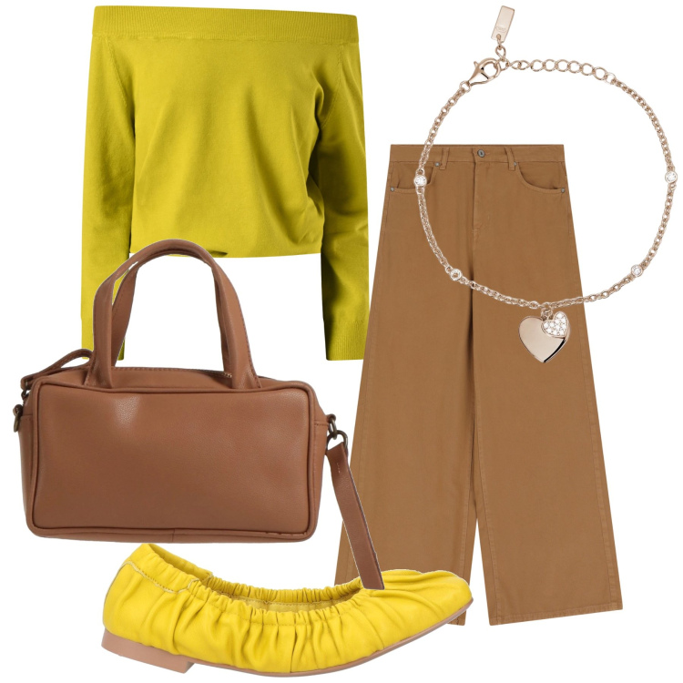 Outfit donna - Total look per l ufficio. Stile Urban per Ufficio. Abbinamento con ballerine, borse a mano, jeans, braccialetti con ciondoli, maglieria.