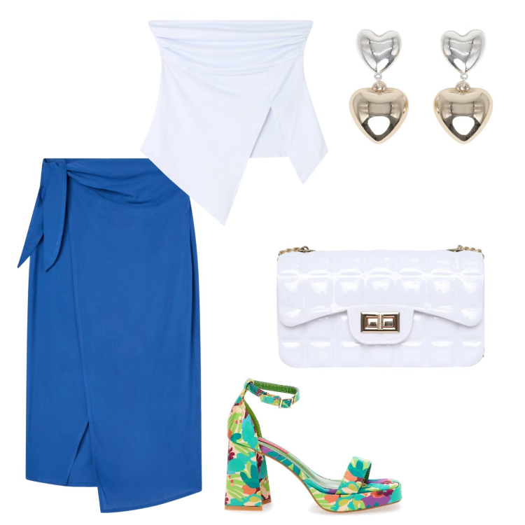 Outfit donna - Usciamo. per Serata fuori. Abbinamento con top, orecchini, gonne lunghe, borse a tracolla, sandali col tacco.