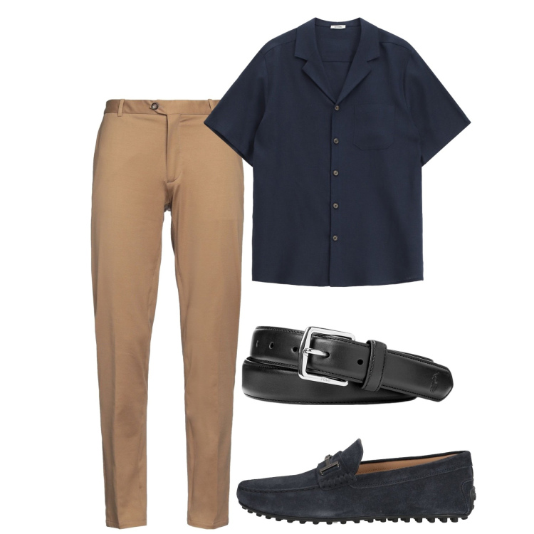 Outfit uomo - Luglio sera. Stile Casual per Serata speciale. Abbinamento con pantaloni chino, scarpe stringate, camicie a manica corta, cinture.