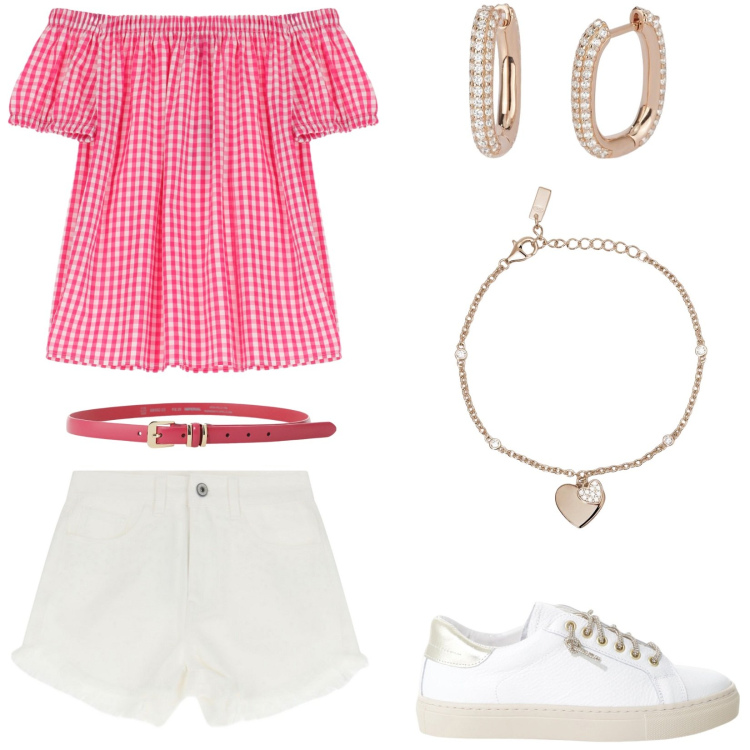 Outfit donna - Please Summer Sales estate 2025. Stile Vintage retrò per Mare. Abbinamento con orecchini, braccialetti con ciondoli, shorts, camicie a manica corta, sneakers, cinture.
