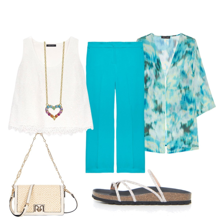 Outfit donna - Colori vivaci. Stile Casual chic per Tutti i giorni. Abbinamento con collane, borse a tracolla, blazer, pantaloni, top, ciabatte.
