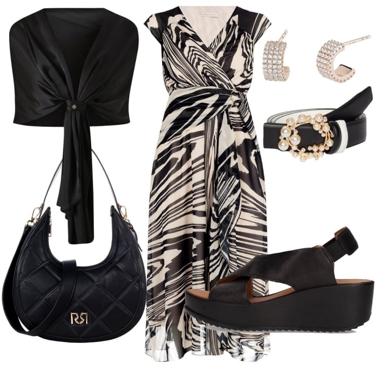 Outfit donna - L’abito curvy animalier. Stile Chic per Serata fuori. Abbinamento con orecchini, scialli, borse a tracolla, vestiti, cinture, sandali.