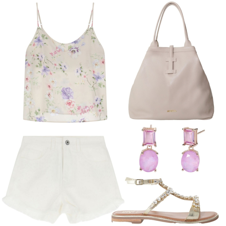 Outfit donna - Bantoa Summer Sales. Stile Minimal per Tutti i giorni. Abbinamento con orecchini, shorts, canottiere, borse tote, sandali.
